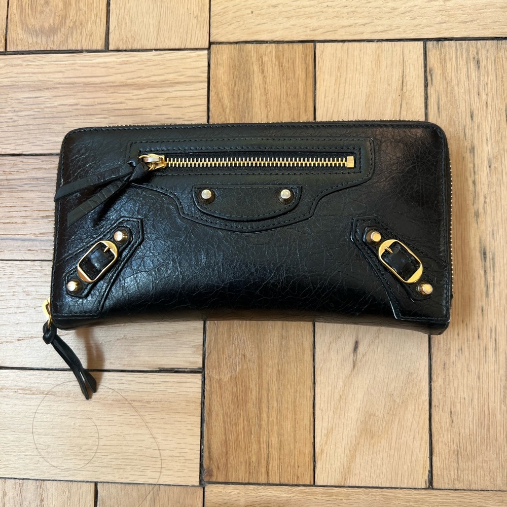 Balenciaga Black Le City Leather Zip-Around Wallet with Gold Hardware